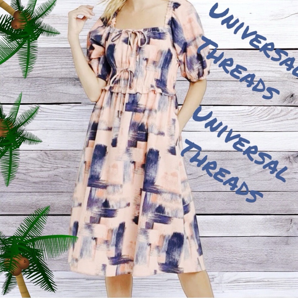 UNIVERSAL THREADS Ladies Blue and Pink Puff sleeve dress elastic open back SZ XS